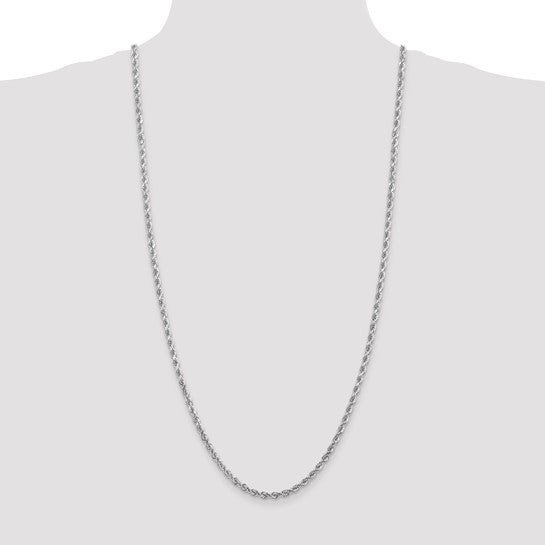 Cadena de Cuerda con Corte Diamantado en Oro Blanco de 14K, 30 Pulgadas, 4 mm con Cierre Tipo Langosta