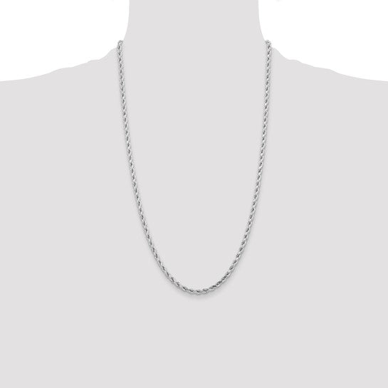 Cadena de Cuerda Corte Diamante en Oro Blanco de 14K – 4.25 mm, 26 Pulgadas, con Broche Langosta