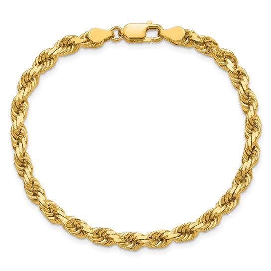 Cadena de Oro Amarillo de 14K, 7 pulgadas, 4.5 mm, Cuerda con Corte Diamante y Cierre de Langosta