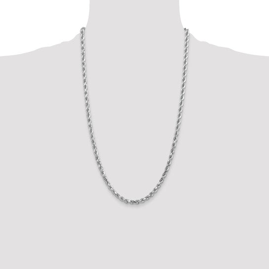 Cadena de Oro Blanco 14K de 26 Pulgadas, 4.5mm, Rope con Corte Diamante y Cierre de Langosta