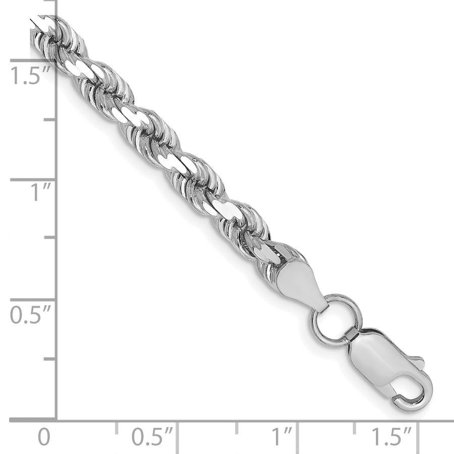 Pulsera de Cuerda Corte Diamante en Oro Blanco de 14K – 4.5 mm, 8 Pulgadas, con Broche Langosta