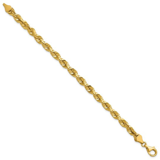 Tobillera/Pulsera de Oro Amarillo de 14K — 9 pulgadas, 5.5 mm, Estilo Cuerda con Corte Diamante y Cierre de Langosta Decorativo