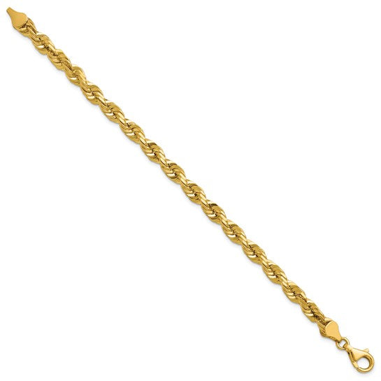 Tobillera/Pulsera de Oro Amarillo de 14K — 9 pulgadas, 5.5 mm, Estilo Cuerda con Corte Diamante y Cierre de Langosta Decorativo