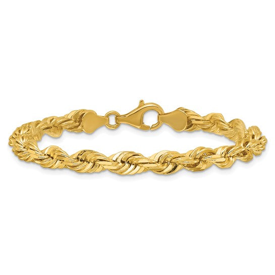 Tobillera/Pulsera de Oro Amarillo de 14K — 9 pulgadas, 5.5 mm, Estilo Cuerda con Corte Diamante y Cierre de Langosta Decorativo