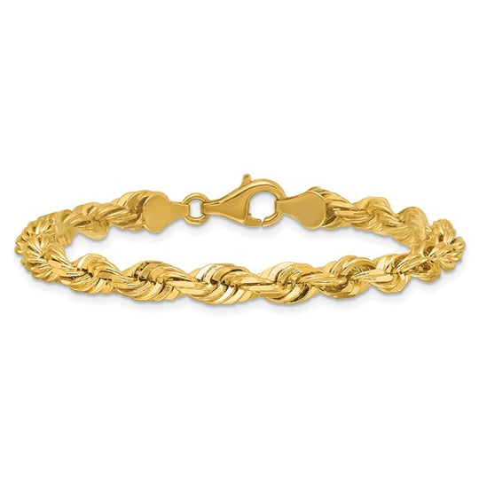 Tobillera/Pulsera de Oro Amarillo de 14K — 9 pulgadas, 5.5 mm, Estilo Cuerda con Corte Diamante y Cierre de Langosta Decorativo