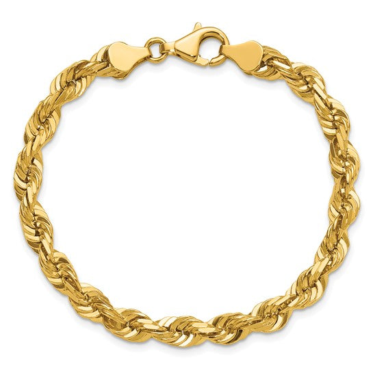 Tobillera/Pulsera de Oro Amarillo de 14K — 9 pulgadas, 5.5 mm, Estilo Cuerda con Corte Diamante y Cierre de Langosta Decorativo