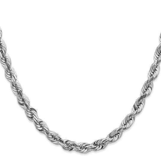 Cadena de Cuerda de Oro Blanco de 14K, 20 Pulgadas, 5.5 mm con Broche de Langosta y Acabado Diamond-cut