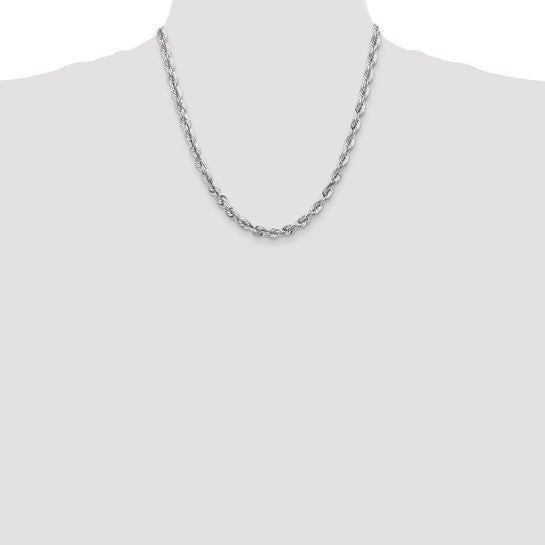 Cadena de Cuerda de Oro Blanco de 14K, 20 Pulgadas, 5.5 mm con Broche de Langosta y Acabado Diamond-cut
