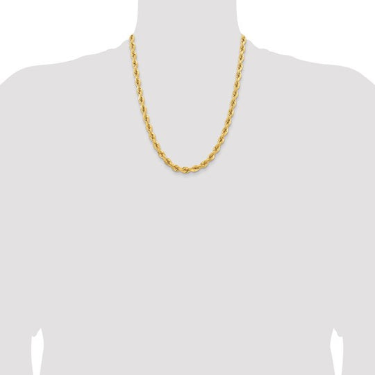 14K Yellow Gold 22 Inch 6.5mm Diamond Cut Rope Chain with Decorative Lobster Clasp