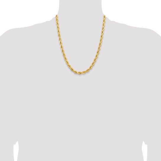 Cadena de Oro Amarillo de 14K, 22 Pulgadas, 6.5 mm, Estilo Cuerda con Corte Diamante y Cierre de Langosta Decorativo