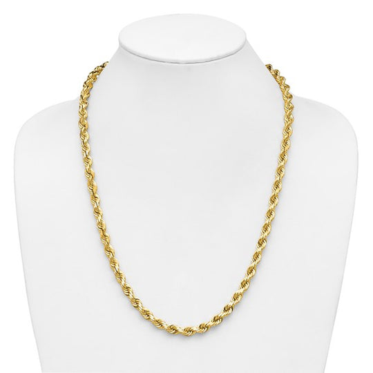 Cadena de Cuerda de 14K, 24 Pulgadas, 6.5 mm con Corte Diamante y Broche de Langosta Decorativo