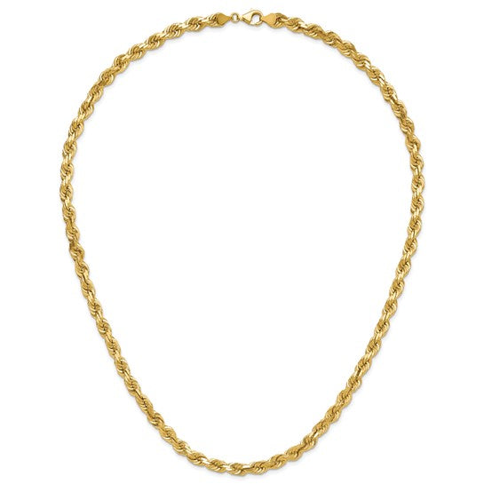 Cadena de Cuerda de 14K, 24 Pulgadas, 6.5 mm con Corte Diamante y Broche de Langosta Decorativo