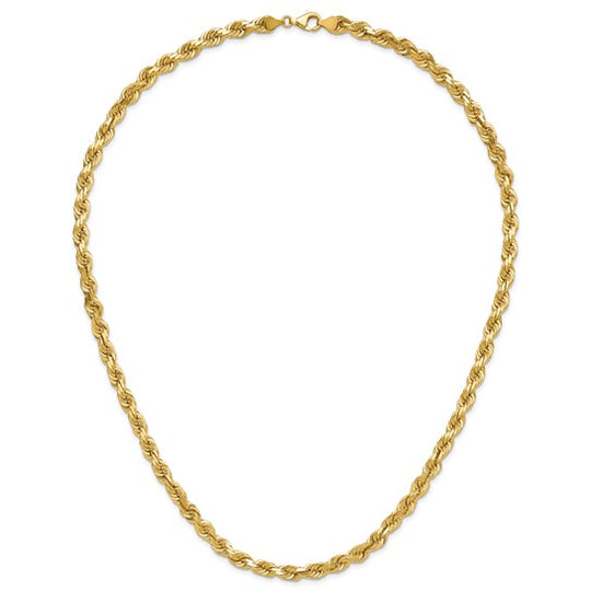 Cadena de Cuerda de 14K, 24 Pulgadas, 6.5 mm con Corte Diamante y Broche de Langosta Decorativo