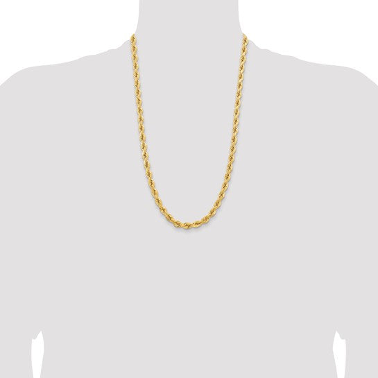Cadena de Oro Amarillo de 14K – 26 pulgadas, 6.5 mm, Cuerda con Corte Diamante y Broche Langosta de Lujo