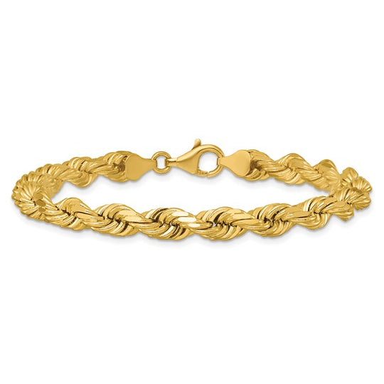 Pulsera de Oro Amarillo 14K de 8 Pulgadas y 6.5mm de Grosor Tipo Cuerda con Corte Diamantado y Cierre de Langosta Elegante