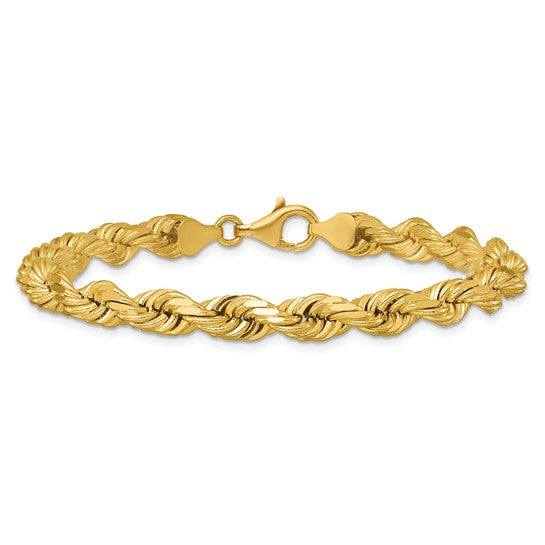 Pulsera de Oro Amarillo 14K de 8 Pulgadas y 6.5mm de Grosor Tipo Cuerda con Corte Diamantado y Cierre de Langosta Elegante