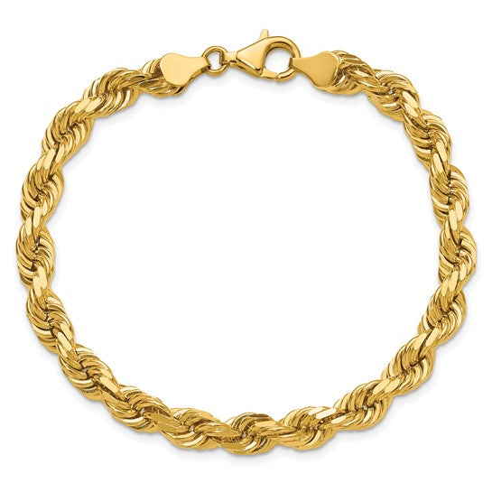 Pulsera de Oro Amarillo 14K de 8 Pulgadas y 6.5mm de Grosor Tipo Cuerda con Corte Diamantado y Cierre de Langosta Elegante