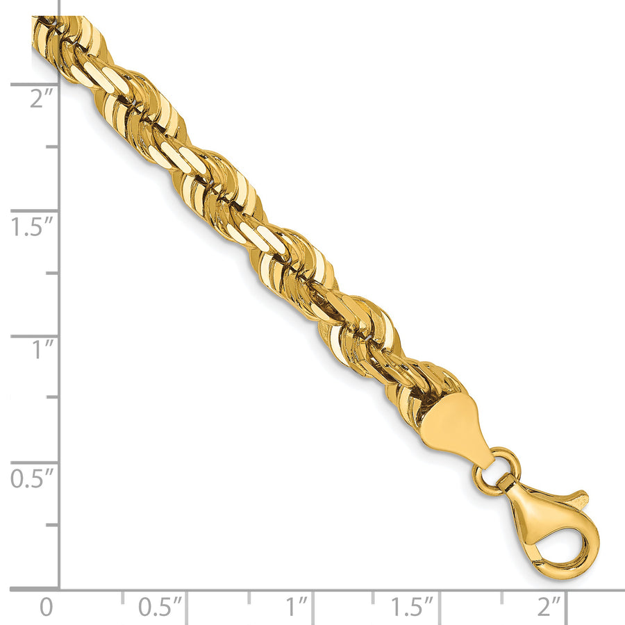 Pulsera de Oro Amarillo 14K de 8 Pulgadas y 6.5mm de Grosor Tipo Cuerda con Corte Diamantado y Cierre de Langosta Elegante