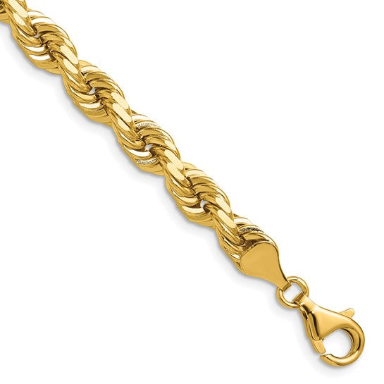 Cadena de Oro Amarillo de 14K, 22 Pulgadas, 6.5 mm, Estilo Cuerda con Corte Diamante y Cierre de Langosta Decorativo