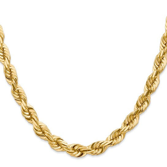  Cadena de Cuerda Corte Diamante en Oro Amarillo de 14K – 7 mm, 24 Pulgadas, con Broche Langosta de Lujo