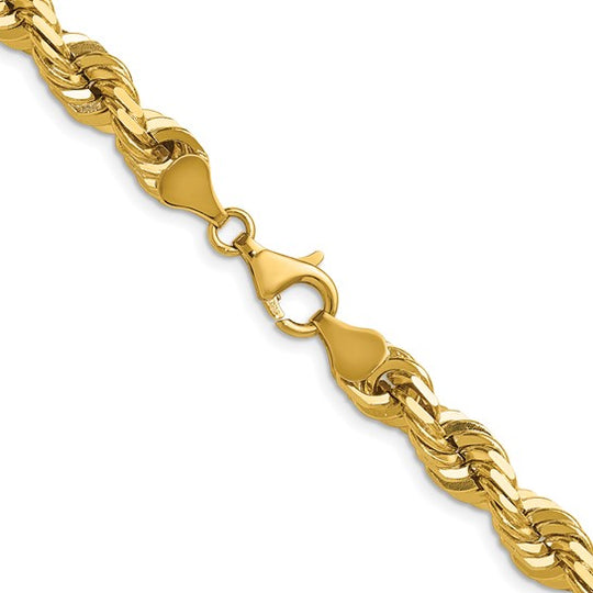  Cadena de Cuerda Corte Diamante en Oro Amarillo de 14K – 7 mm, 24 pulgadas, con Broche Langosta de Lujo