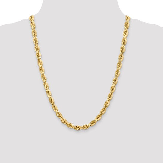  Cadena de Cuerda Corte Diamante en Oro Amarillo de 14K – 7 mm, 24 pulgadas, con Broche Langosta de Lujo