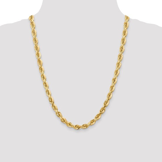  Cadena de Cuerda Corte Diamante en Oro Amarillo de 14K – 7 mm, 24 pulgadas, con Broche Langosta de Lujo