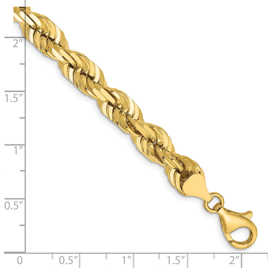 Pulsera de Oro Amarillo de 14K — 9 pulgadas, 7 mm, Estilo Cuerda con Corte Diamante y Cierre de Langosta de Lujo