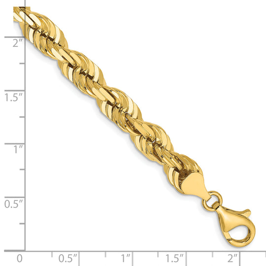 Pulsera de Oro Amarillo de 14K — 9 pulgadas, 7 mm, Estilo Cuerda con Corte Diamante y Cierre de Langosta de Lujo