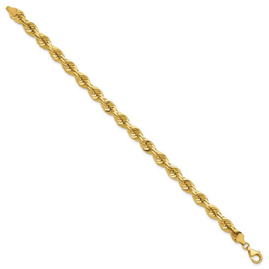Pulsera de Oro Amarillo de 14K — 9 pulgadas, 7 mm, Estilo Cuerda con Corte Diamante y Cierre de Langosta de Lujo