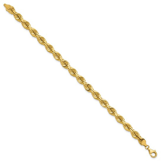 Pulsera de Oro Amarillo de 14K — 9 pulgadas, 7 mm, Estilo Cuerda con Corte Diamante y Cierre de Langosta de Lujo