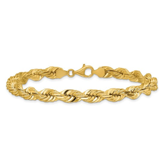 Pulsera de Oro Amarillo de 14K — 9 pulgadas, 7 mm, Estilo Cuerda con Corte Diamante y Cierre de Langosta de Lujo