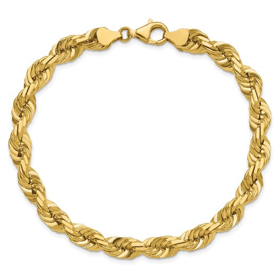 Pulsera de Oro Amarillo de 14K — 9 pulgadas, 7 mm, Estilo Cuerda con Corte Diamante y Cierre de Langosta de Lujo