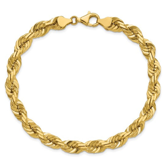 Pulsera de Oro Amarillo de 14K — 9 pulgadas, 7 mm, Estilo Cuerda con Corte Diamante y Cierre de Langosta de Lujo