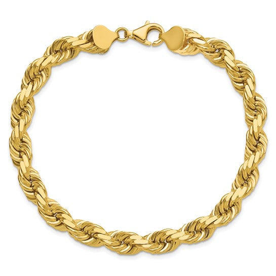 Cadena de Cuerda en Oro Amarillo de 14K – 9 Pulgadas, 8 mm con Cierre Langosta Elegante