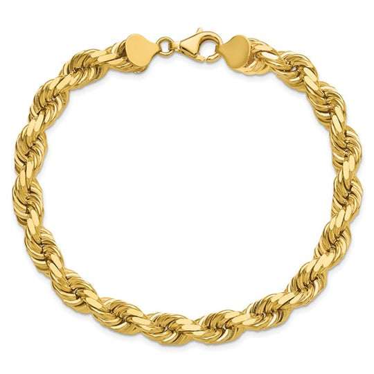 Cadena de Cuerda en Oro Amarillo de 14K – 9 Pulgadas, 8 mm con Cierre Langosta Elegante