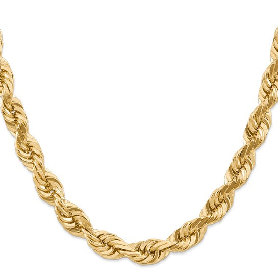 Cadena de Oro 14K de 24 Pulgadas y 10mm de Grosor Tipo Cuerda con Corte Diamantado y Cierre de Langosta Fancy