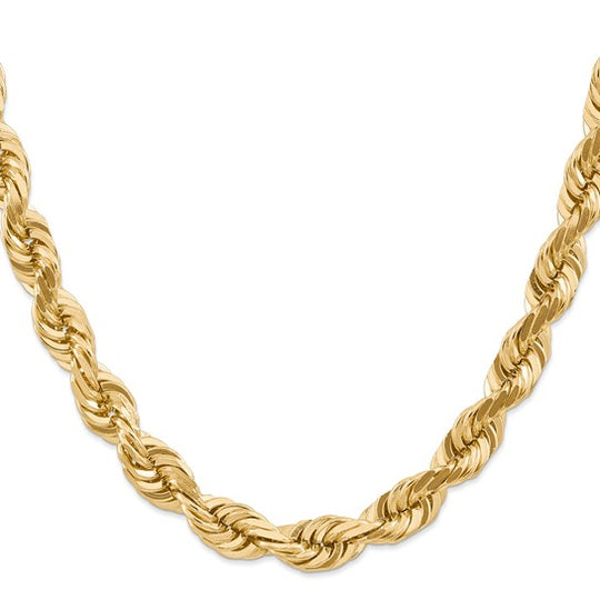 Cadena de Oro 14K de 24 Pulgadas y 10mm de Grosor Tipo Cuerda con Corte Diamantado y Cierre de Langosta Fancy