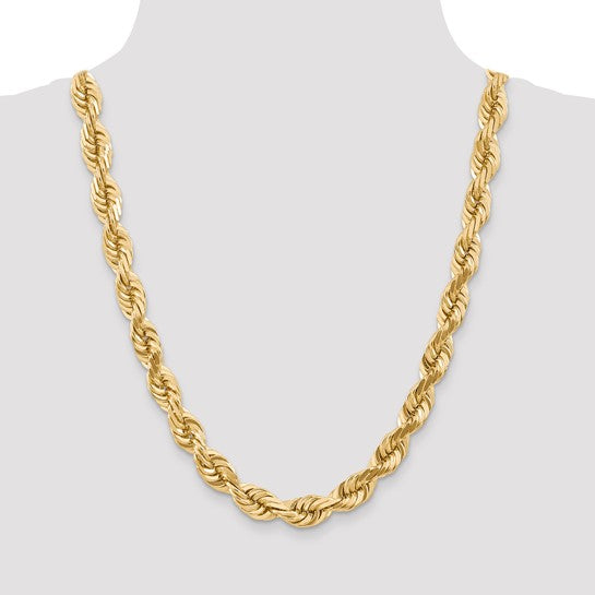 Cadena de Oro 14K de 24 Pulgadas y 10mm de Grosor Tipo Cuerda con Corte Diamantado y Cierre de Langosta Fancy