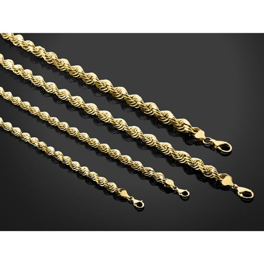 Cadena de Cuerda de Oro Amarillo 14K de 20 Pulgadas y 12 mm con Cierre de Langosta Fancy