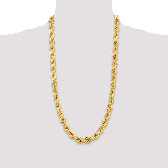 Cadena de Cuerda de Oro Amarillo 14k 28 Pulgadas 12mm con Corte Diamante y Cierre Tipo Langosta de Lujo