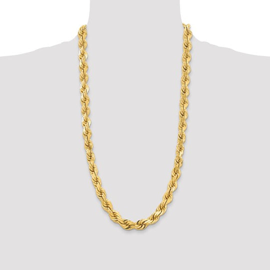 Cadena de Cuerda de Oro Amarillo 14k 28 Pulgadas 12mm con Corte Diamante y Cierre Tipo Langosta de Lujo