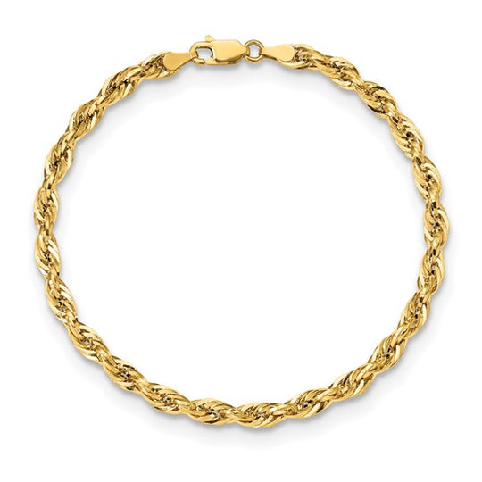 Pulsera de Cuerda Semi-Sólida de Oro Amarillo 10K – 8 pulgadas, 4.25 mm