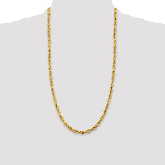 10K Yellow Gold Semi-Solid Rope Chain, 28 Inches, 5.4mm with Lobster Clasp
