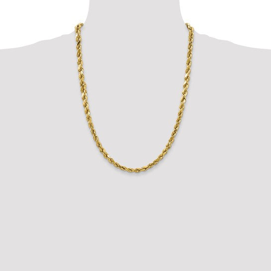 10K Yellow Gold Semi-Solid Rope Chain, 24 inches, 4mm with Lobster Clasp