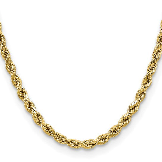 Cadena de Cuerda de Oro Amarillo 10K, 20 pulgadas, 4.9 mm, Semi-Sólida, Corte Diamante con Cierre Langosta