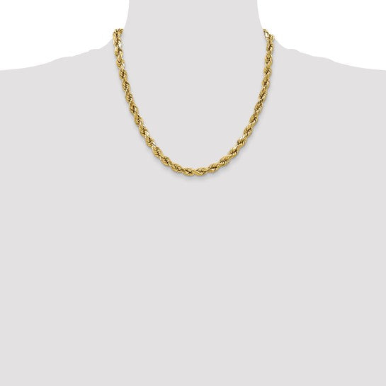 Cadena de Cuerda de Oro Amarillo 10K, 20 pulgadas, 4.9 mm, Semi-Sólida, Corte Diamante con Cierre Langosta