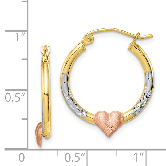 Aretes de Aro en Forma de Corazón con Acabado Diamantado en Oro Bicolor de 10K y Rodio Blanco