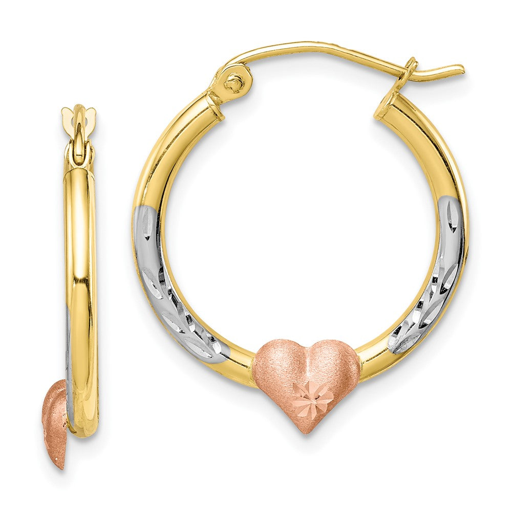 Aretes de Aro en Forma de Corazón con Acabado Diamantado en Oro Bicolor de 10K y Rodio Blanco