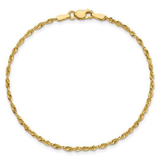 Cadena Extra Ligera de Oro Amarillo 10K 1.8mm (Cuerda, Corte Diamante, Cierre de Langosta)